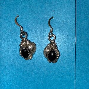 925 Silver and Onyx Single Drop Earrings Flower and Feather